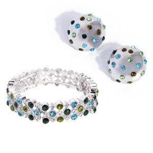 Elegant Silver Jewelry Stretch Bracelet & Earring set with Blue & Green Accents